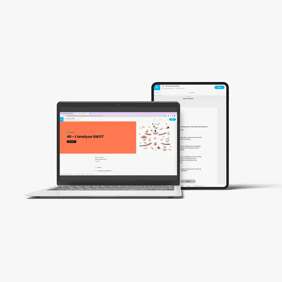 Un mock up d'un micro learning d'une technique du BA Toolkit dans un ordinateur et une tablette