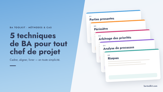 Visuel d'en-tête BA Toolkit : un panneau bleu en diagonale porte le titre ; sur la droite, cinq fiches empilées en cascade nomment les techniques de l'article : parties prenantes, périmètre, arbitrage des priorités, analyse de processus, risques.
