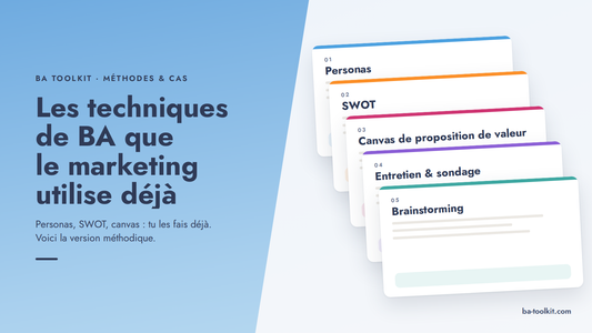 Visuel d'en-tête BA Toolkit : un panneau bleu en diagonale porte le titre ; sur la droite, cinq fiches empilées en cascade nomment les techniques de l'article : personas, SWOT, canvas de proposition de valeur, entretien et sondage, brainstorming.