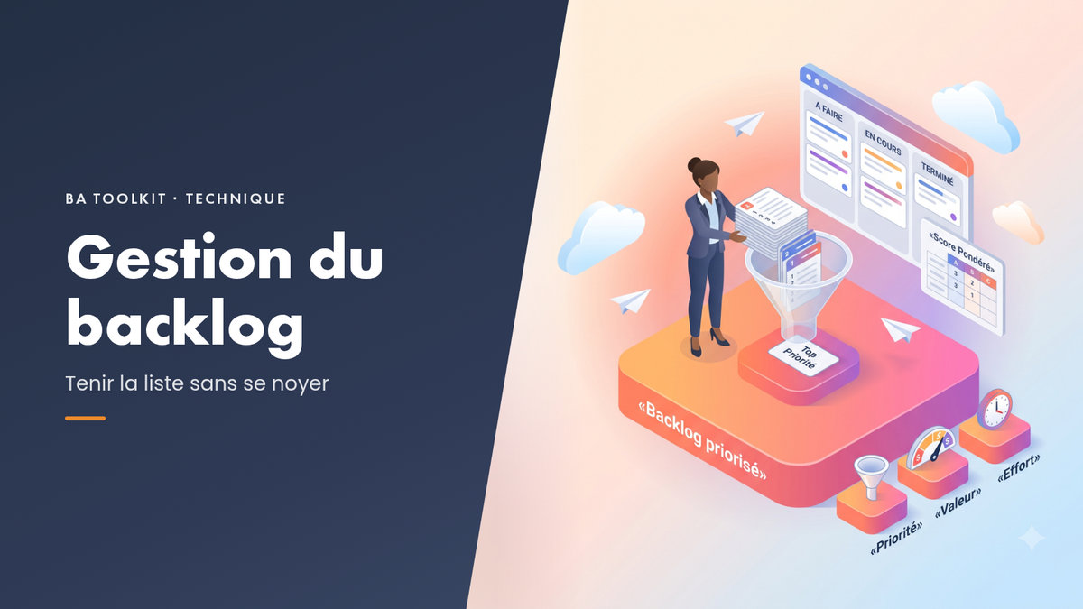 Illustration isométrique de marque BA Toolkit : une liste de tâches ordonnée, le haut net et le bas volontairement flou, symbolisant un backlog bien tenu.