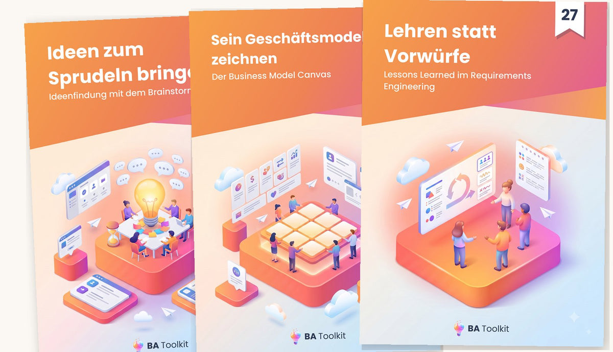 Drei Bände der BA-Toolkit-Reihe: Brainstorming, Business Model Canvas, Lessons Learned