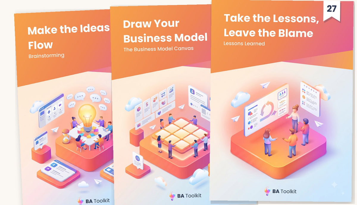 Three volumes from the BA Toolkit collection: brainstorming, the Business Model Canvas, lessons learned