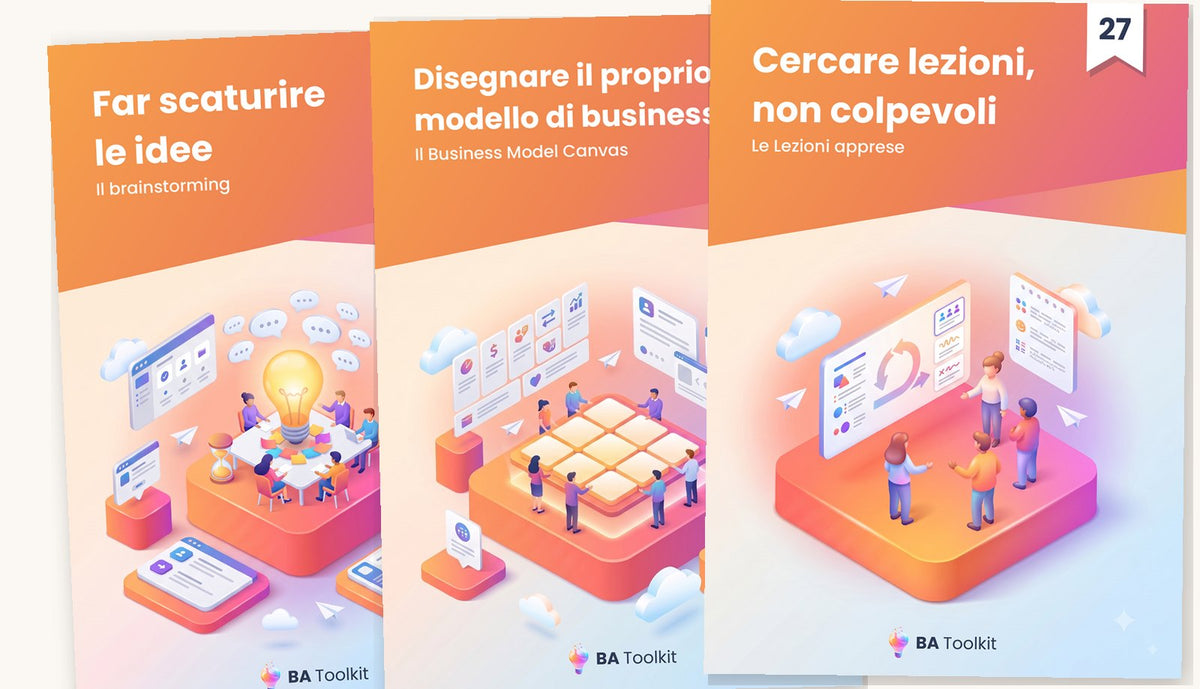 Tre volumi della collana BA Toolkit: brainstorming, Business Model Canvas, lezioni apprese