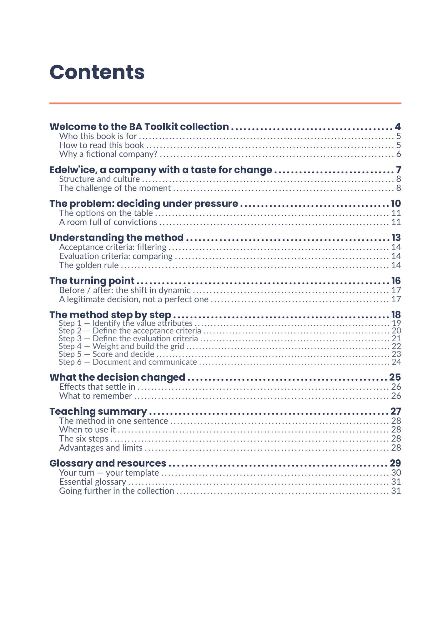 Full table of contents of the eBook Acceptance and Evaluation Criteria