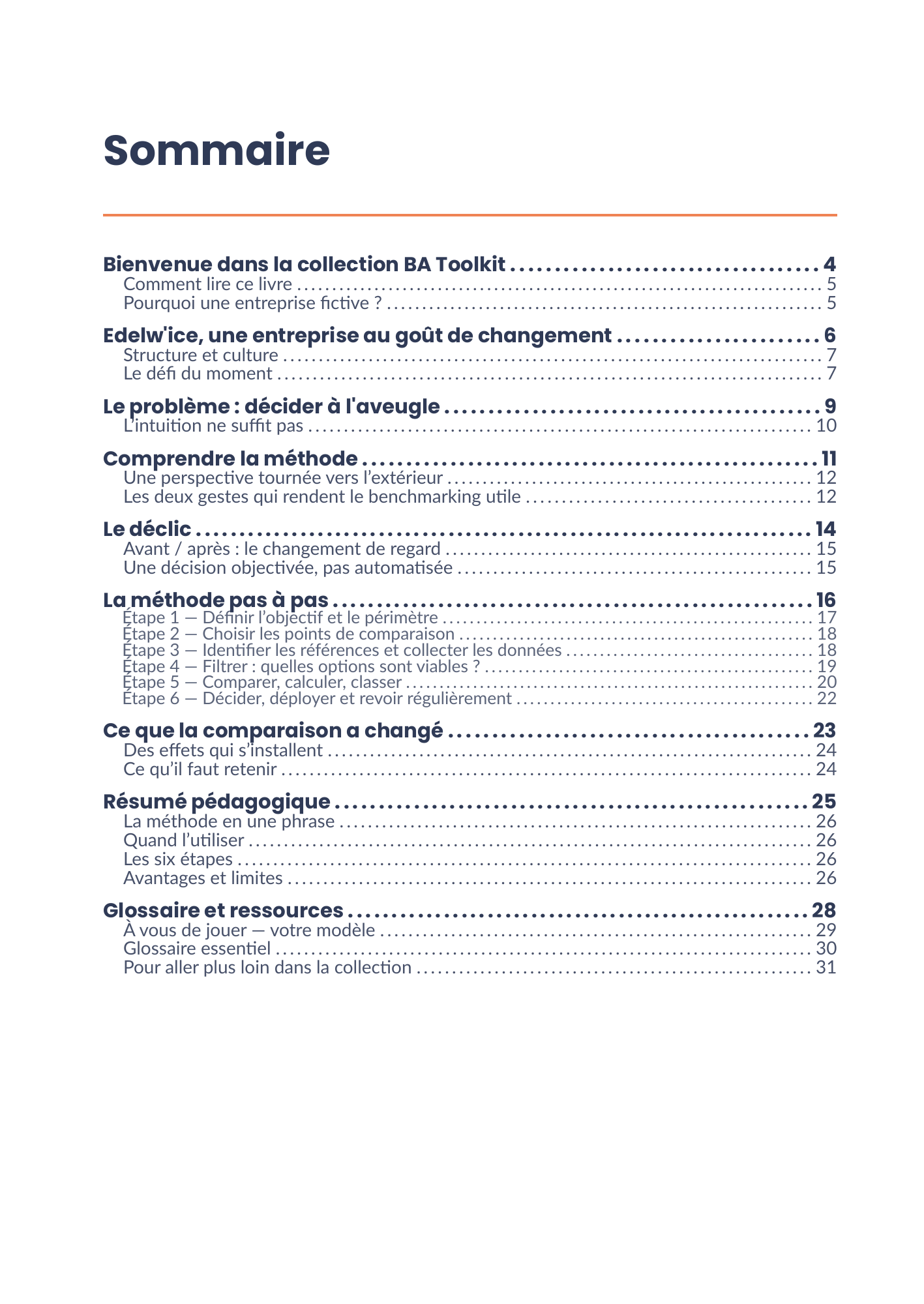 Sommaire complet de l'eBook Benchmarking et analyse du marché