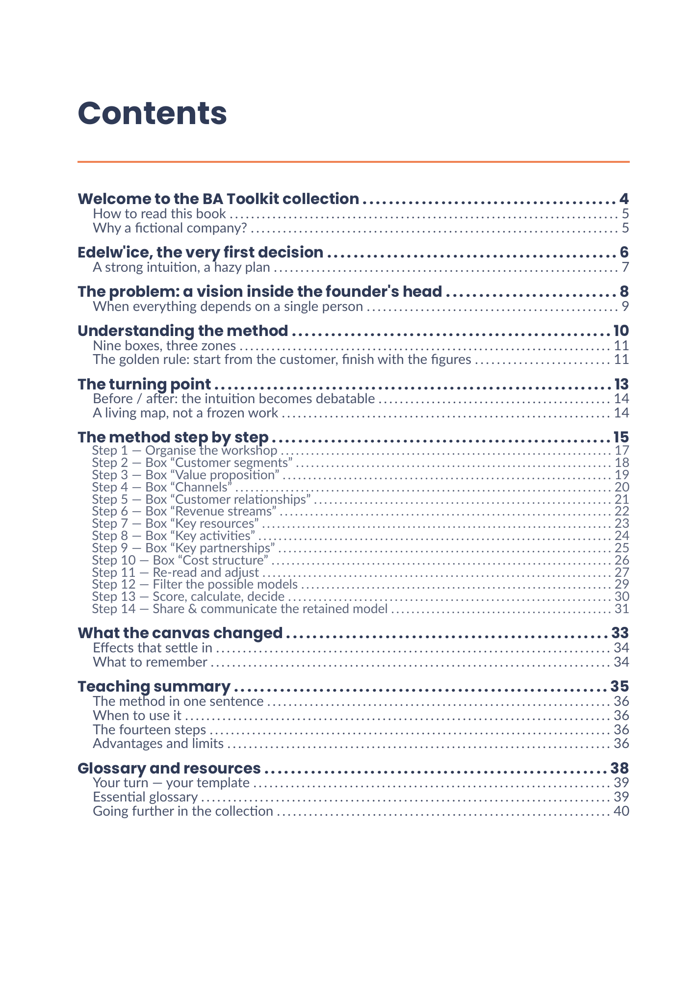 Full table of contents of the eBook Business Model Canvas