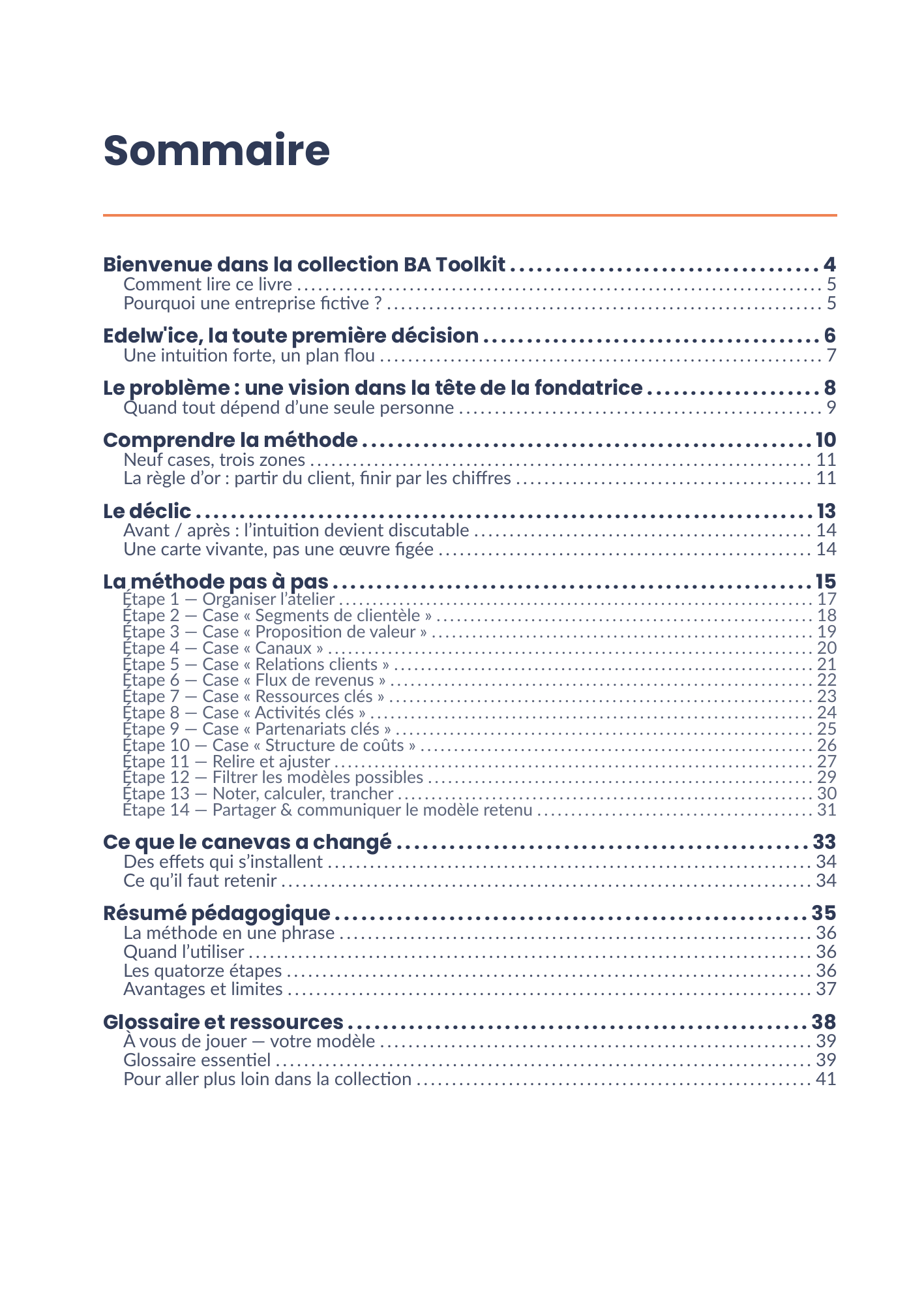 Sommaire complet de l'eBook Canvas Modèle d'Affaires