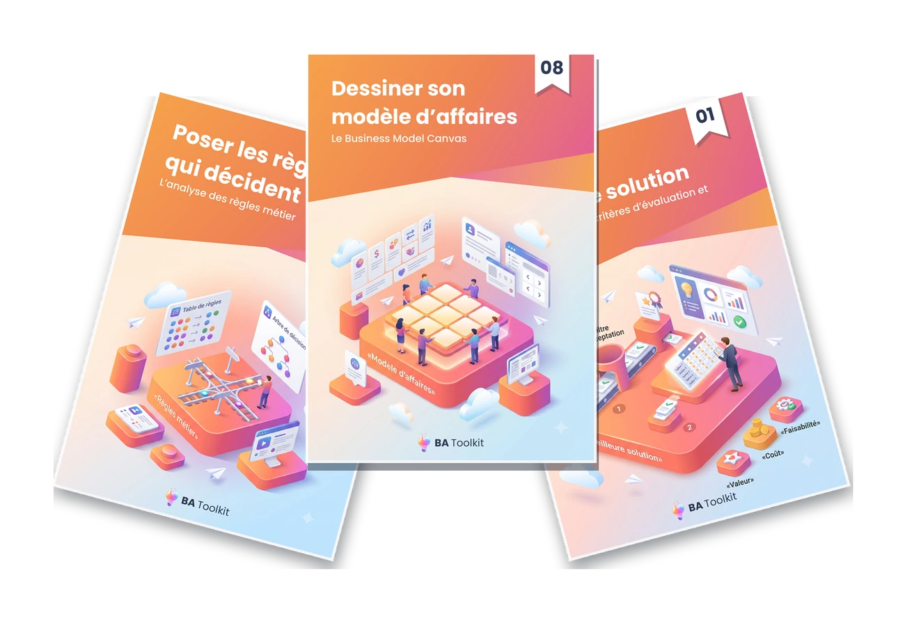 Trois couvertures d'eBooks BA Toolkit disposées en éventail.